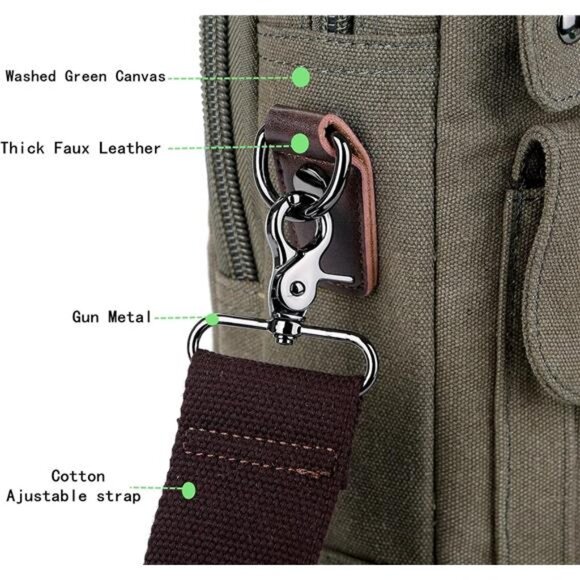 17 inch Canvas Bag Messenger Bag Green - Picture 4 of 7